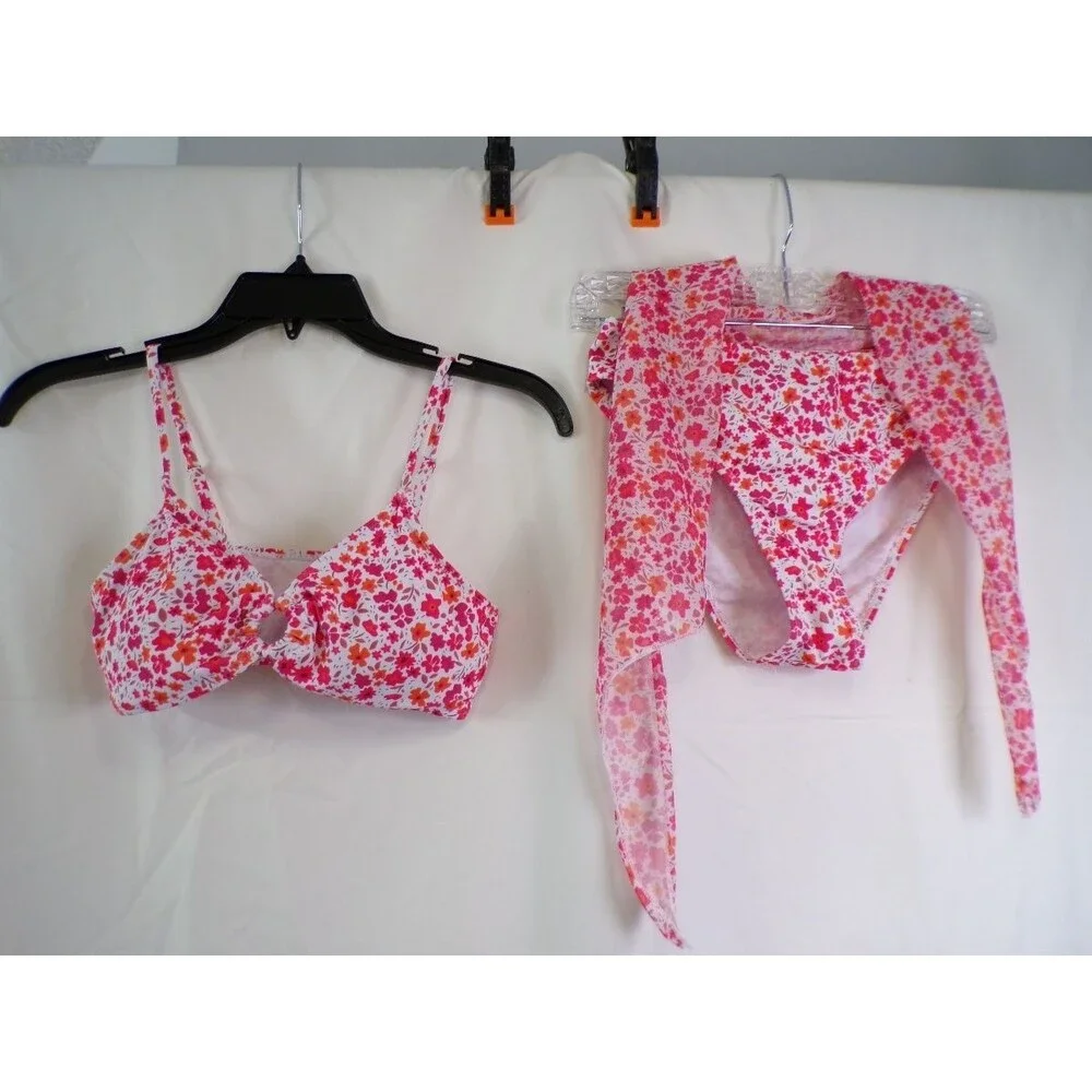 Women's Teen 14Y Pink White Floral 2pc Bikini High Waist Bottom with Sarong
